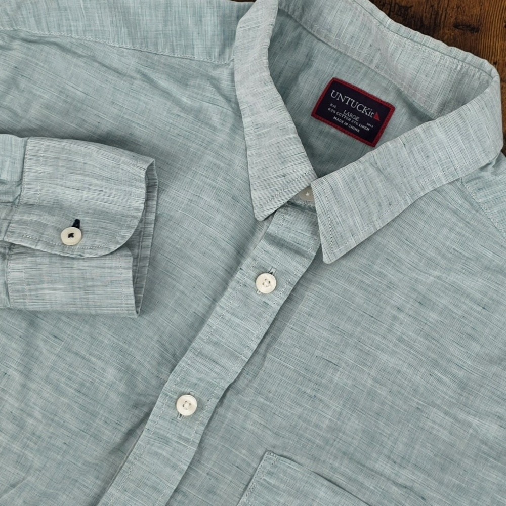 UNTUCKit Long Sleeve Button Up Light‎ Blue Teal LINEN Blend Mens L Regular